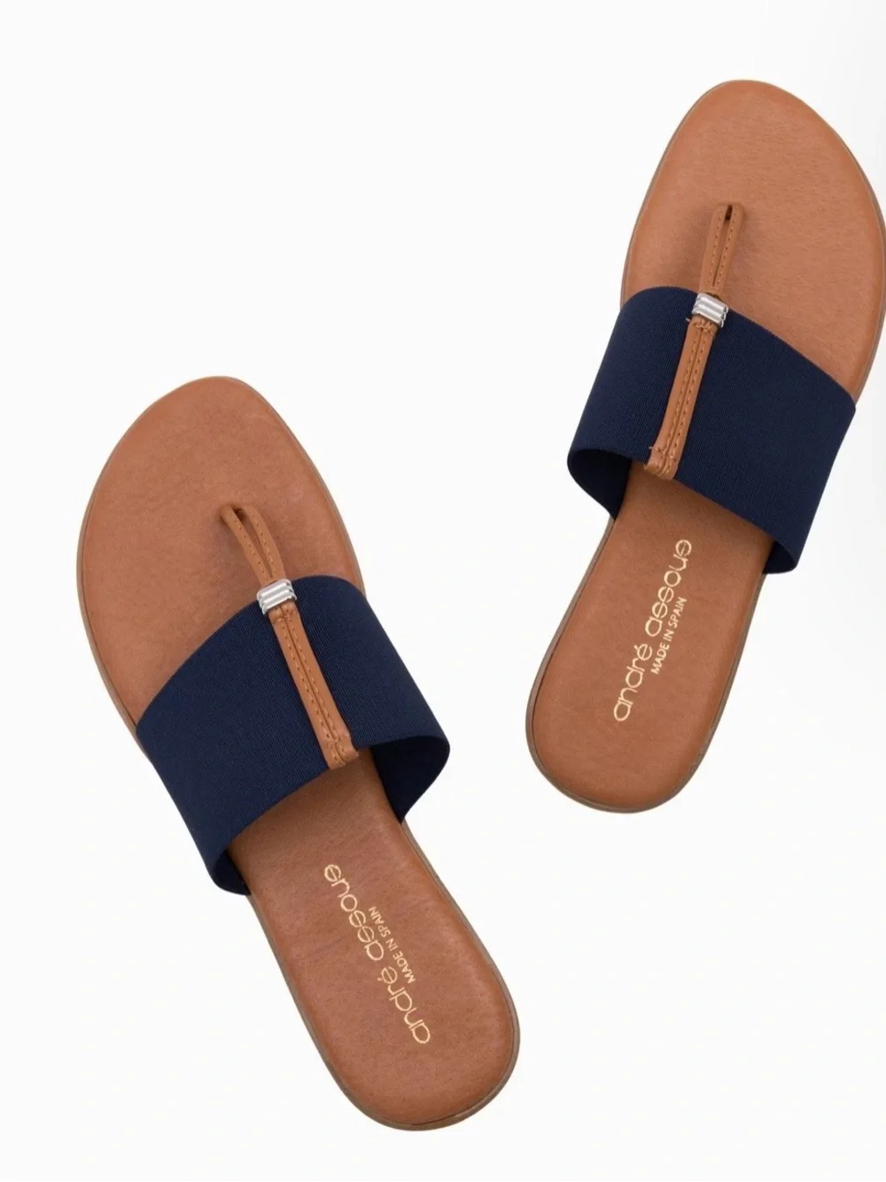 Andre Assous Navy Woven Toe-Loop Slide Sandals with Tan Footbed
